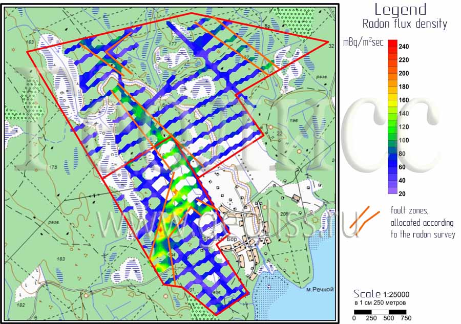The result of the radon survey with localization of fault zones